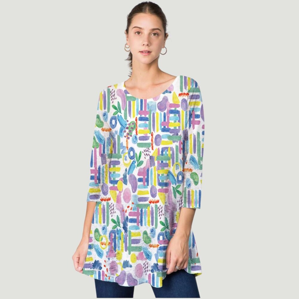 ET' LOIS Women's EUC 3/4 Sleeve Ribbed Abstract Printed Tunic | Size‎ M